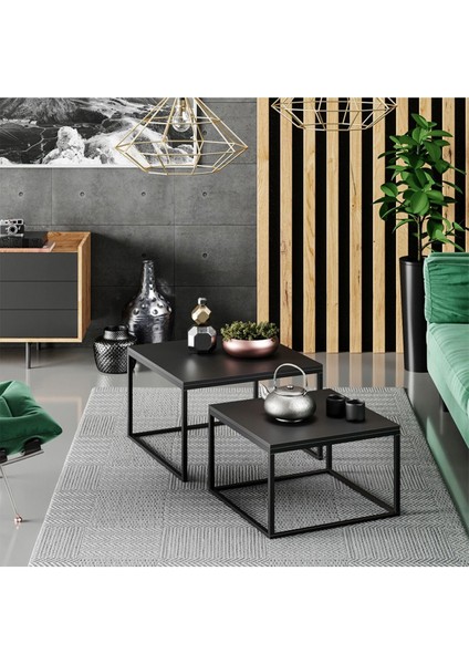 Kawo Siyah Metal Ahşap Ikili Orta Sehpa Siyah