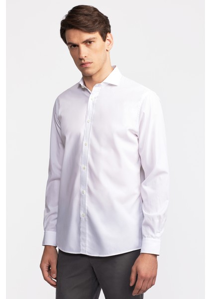 Erkek Beyaz Cooper Fit İtalyan Yaka Klasik Gömlek modelleri