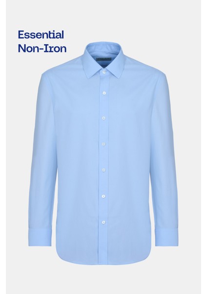 Erkek Mavi Cooper Fit Non-Iron Kravat Yaka Klasik Gömlek