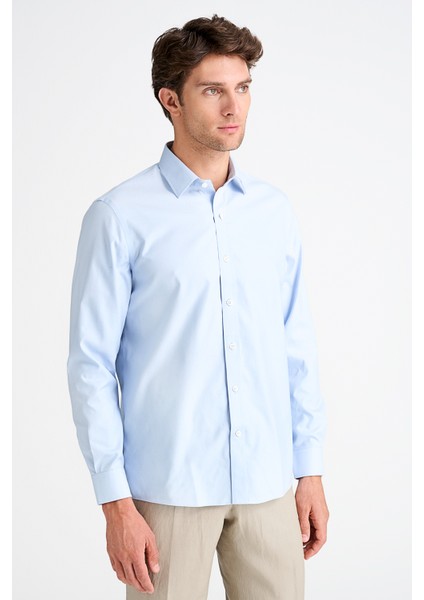 Erkek Mavi Cooper Fit Non-Iron Kravat Yaka Klasik Gömlek modelleri
