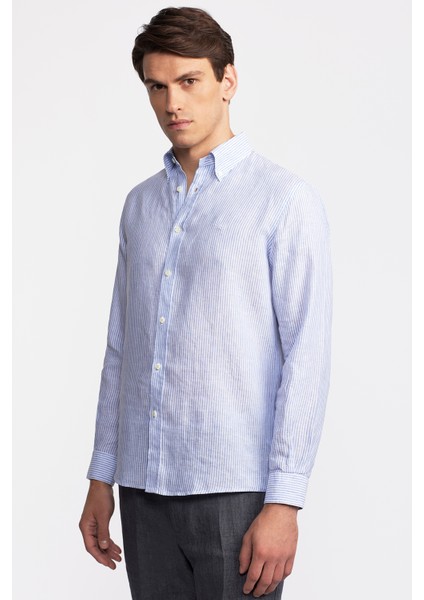 Erkek Mavi Düğmeli Yaka Cooper Fit İrlanda Keten Gömlek modelleri