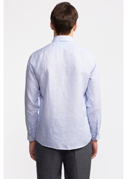 Erkek Mavi Düğmeli Yaka Cooper Fit İrlanda Keten Gömlek fırsatları