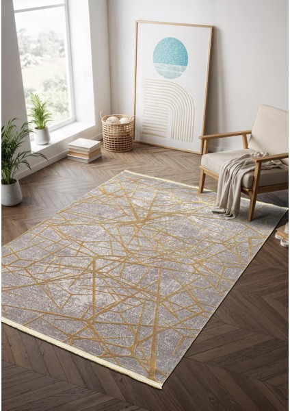 Step SE001S Gri Halı Modern Dekoratif Gold Çizgili Pamuk Taban Triko Akrilik Salon Mutfak Halısı