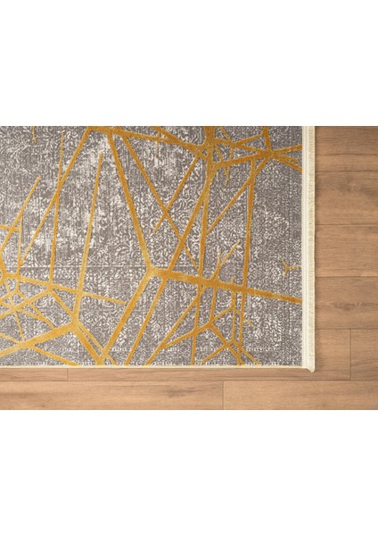 Step SE001S Gri Halı Modern Dekoratif Gold Çizgili Pamuk Taban Triko Akrilik Salon Mutfak Halısı indirimleri