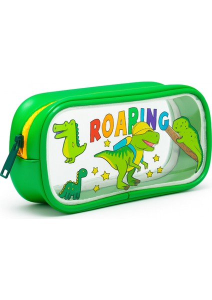 Yeşil Tek Bölmeli Dinozor Kalem Kutusu, Tek Boynuzlu At Desenli Kalemlik, Su Geçirmez, 20X10X15CM