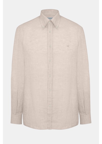 Erkek Natural Cooper Fit Düğmeli Yaka İrlanda Keten Spor Gömlek