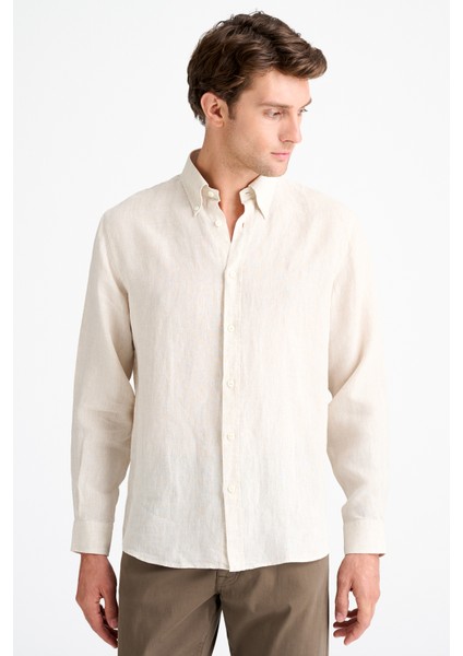 Erkek Natural Cooper Fit Düğmeli Yaka İrlanda Keten Spor Gömlek modelleri