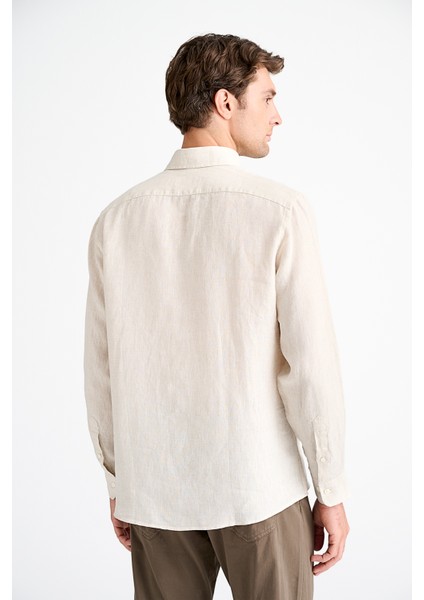 Erkek Natural Cooper Fit Düğmeli Yaka İrlanda Keten Spor Gömlek fırsatları