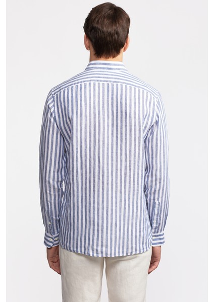 Erkek Lacivert Düğmeli Yaka Cooper Fit İrlanda Keten Gömlek fırsatları