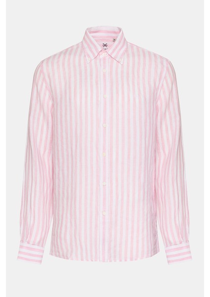 Erkek Pembe Düğmeli Yaka Cooper Fit İrlanda Keten Gömlek