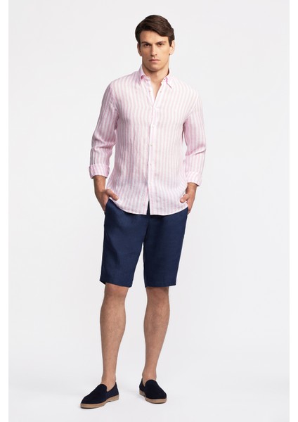 Erkek Pembe Düğmeli Yaka Cooper Fit İrlanda Keten Gömlek fiyatları