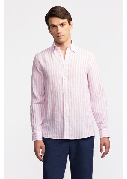 Erkek Pembe Düğmeli Yaka Cooper Fit İrlanda Keten Gömlek modelleri