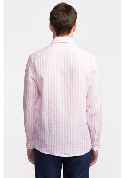 Erkek Pembe Düğmeli Yaka Cooper Fit İrlanda Keten Gömlek fırsatları