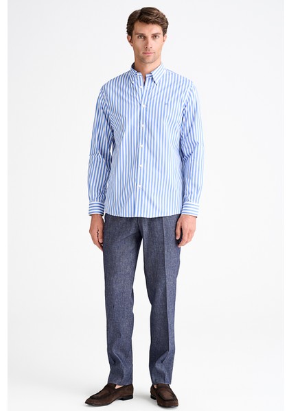Erkek Mavi Cooper Fit Düğmeli Yaka Çizgili Spor Gömlek fiyatları