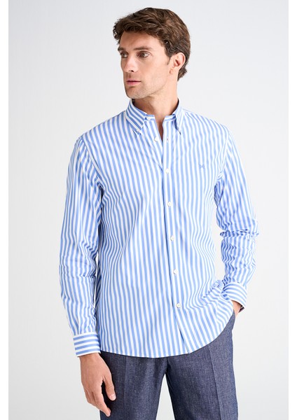 Erkek Mavi Cooper Fit Düğmeli Yaka Çizgili Spor Gömlek modelleri