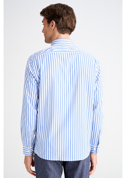 Erkek Mavi Cooper Fit Düğmeli Yaka Çizgili Spor Gömlek fırsatları