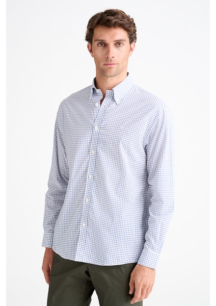 Erkek Mavi Cooper Fit Düğmeli Yaka Pötikare Desenli Spor Gömlek modelleri