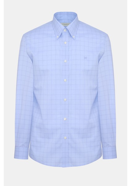 Erkek Lacivert Cooper Fit Düğmeli Yaka Ekoseli Spor Gömlek