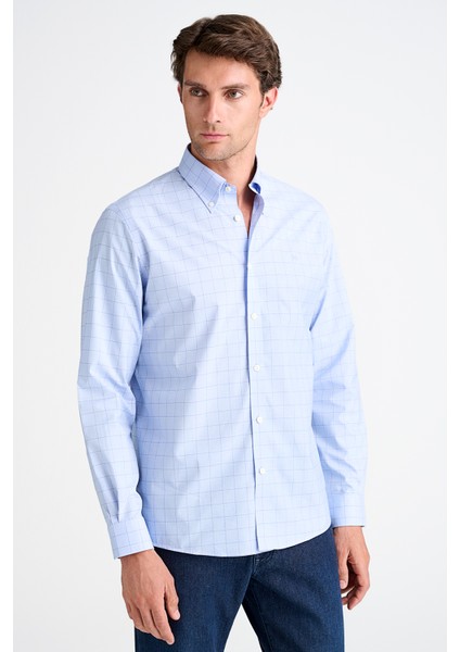 Erkek Lacivert Cooper Fit Düğmeli Yaka Ekoseli Spor Gömlek modelleri