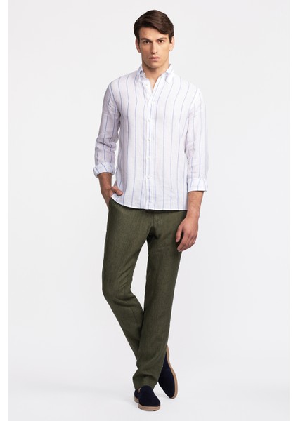 Erkek Beyaz Düğmeli Yaka Cooper Fit İrlanda Keten Gömlek fiyatları