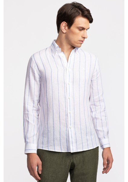 Erkek Beyaz Düğmeli Yaka Cooper Fit İrlanda Keten Gömlek modelleri