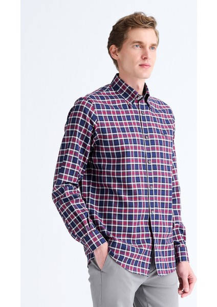 Erkek Bordo Cooper Fit Ekoseli Düğmeli Yaka Flanel Spor Gömlek fiyatları