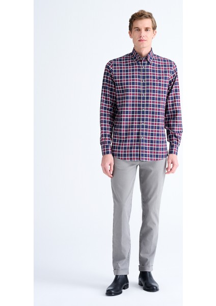 Erkek Bordo Cooper Fit Ekoseli Düğmeli Yaka Flanel Spor Gömlek modelleri