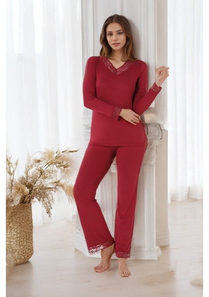 Kadın Viskon V Yaka Uzunkol Pijama Takım C840-066
