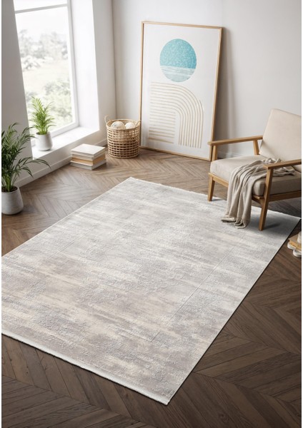 Step SE002G Gri Kalsik Halı Dekoratif Çerçeveli Pamuk Taban Triko Akrilik Salon Mutfak Halısı