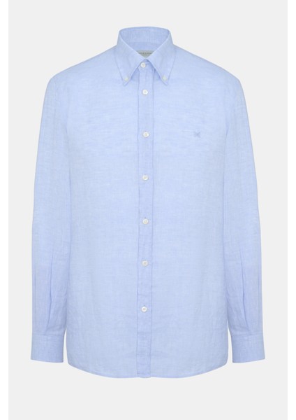 Erkek Mavi Cooper Fit Düğmeli Yaka İrlanda Keten Spor Gömlek