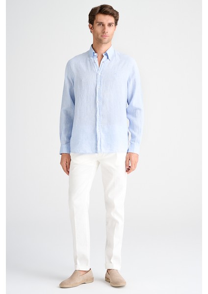Erkek Mavi Cooper Fit Düğmeli Yaka İrlanda Keten Spor Gömlek fiyatları