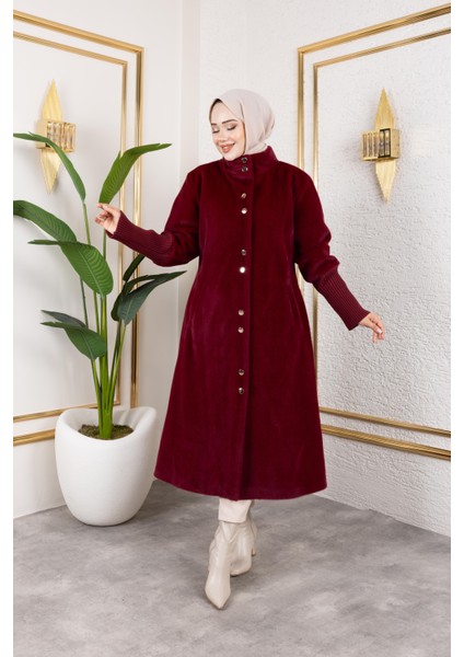 Kadın Astarlı Angora Düğmeli Bordo Kaban fiyatları