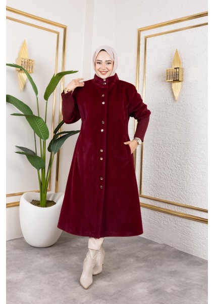 Kadın Astarlı Angora Düğmeli Bordo Kaban modelleri