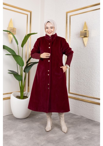 Kadın Astarlı Angora Düğmeli Bordo Kaban fırsatları