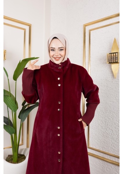 Kadın Astarlı Angora Düğmeli Bordo Kaban indirimleri