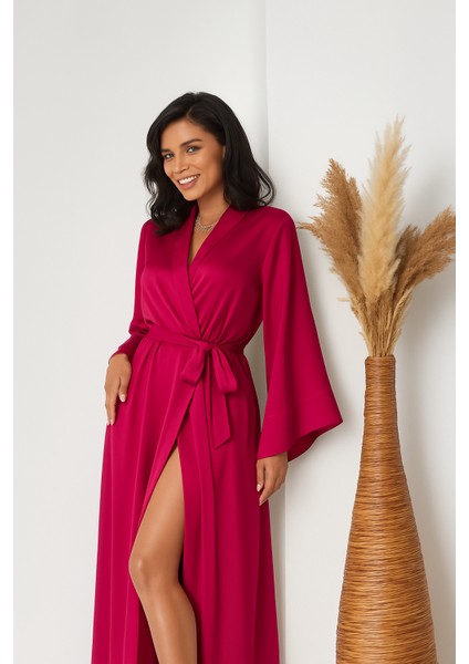 Kolları Kloş Ipeksi Saten Uzun Gelin Sabahlık Kimono