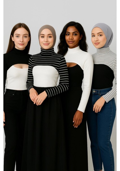 Mırach 4'lü Paket Dik Yaka Boyunluklu Kolluk Seti - Siyah Çizgili, Beyaz, Siyah, Beyaz Çizgili |tesettür Içlik Bluz Crop