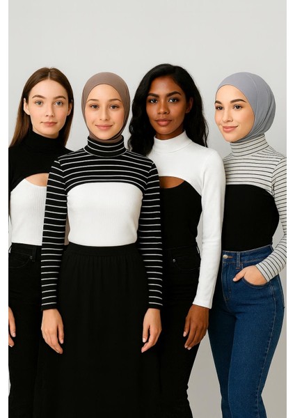 Mırach 4'lü Paket Dik Yaka Boyunluklu Kolluk Seti - Siyah Çizgili, Beyaz, Siyah, Beyaz Çizgili |tesettür Içlik Bluz Crop fiyatları