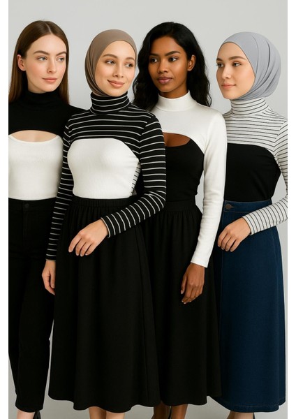 Mırach 4'lü Paket Dik Yaka Boyunluklu Kolluk Seti - Siyah Çizgili, Beyaz, Siyah, Beyaz Çizgili |tesettür Içlik Bluz Crop modelleri