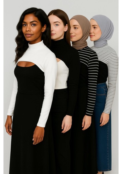 Mırach 4'lü Paket Dik Yaka Boyunluklu Kolluk Seti - Siyah Çizgili, Beyaz, Siyah, Beyaz Çizgili |tesettür Içlik Bluz Crop fırsatları