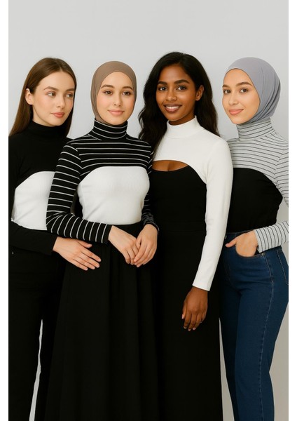 Mırach 4'lü Paket Dik Yaka Boyunluklu Kolluk Seti - Siyah Çizgili, Beyaz, Siyah, Beyaz Çizgili |tesettür Içlik Bluz Crop indirimleri