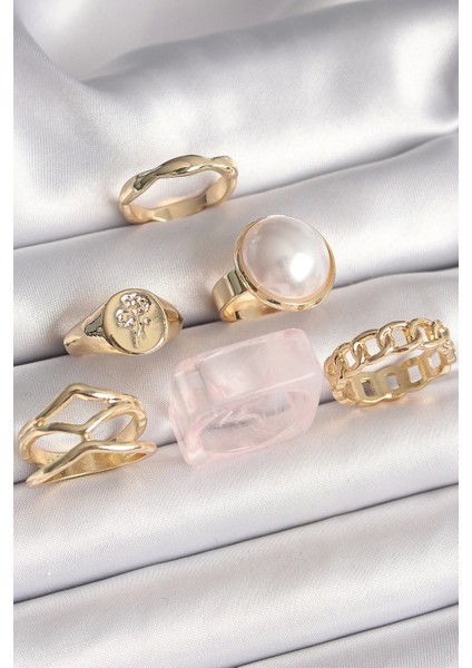 Pirinç Gold Renk Beyaz Incili Zincir Yüzük Figür Işleme Detay 6'lı Kadın Yüzük Seti