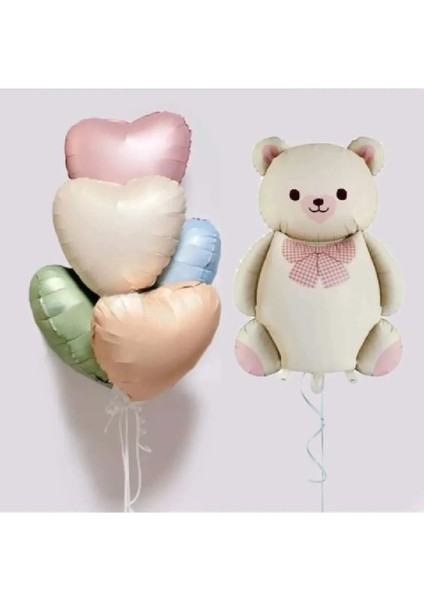 Retro Krem Papyonlu Sevimli Ayı Folyo Balon 5 Renk Kalp Folyo Balonlu Doğum Günü Parti Seti Süsü