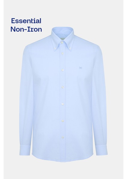 Erkek Mavi Cooper Fit Non-Iron Düğmeli Yaka Spor Gömlek