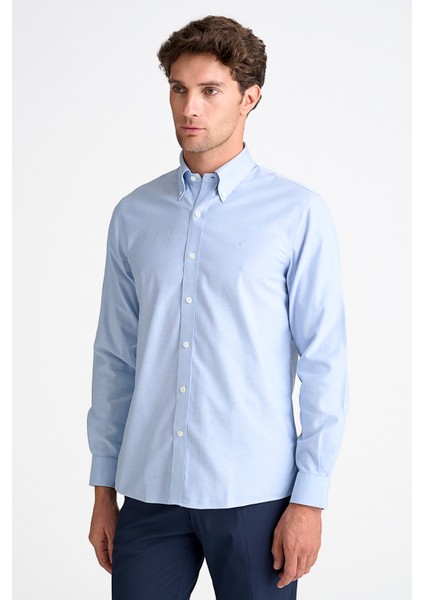 Erkek Mavi Cooper Fit Non-Iron Düğmeli Yaka Spor Gömlek modelleri