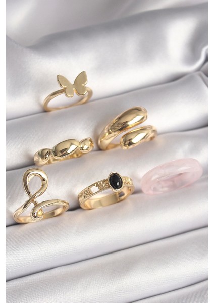 Pirinç Gold Renk Kelebek Figür Sarmal Model 6'lı Kadın Yüzük Seti