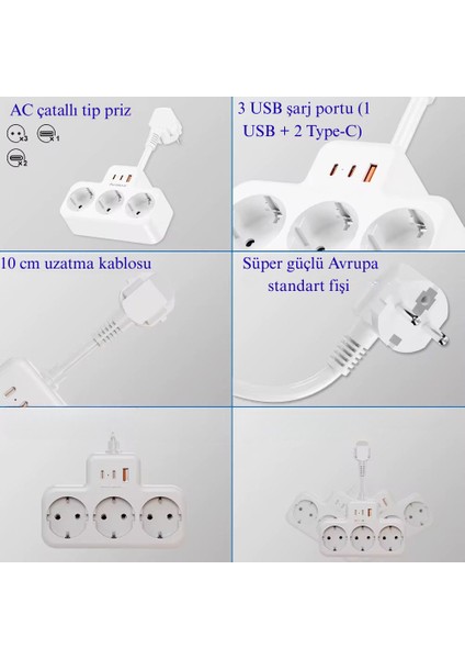 3’lü Priz + 3 USB (1 Usb-A + 2 Type-C) Çoklu Şarj Istasyonu – Ac Çatallı Tip, 10 cm Kablo, Taşınabilir fiyatları