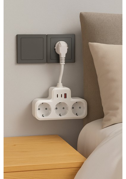 3’lü Priz + 3 USB (1 Usb-A + 2 Type-C) Çoklu Şarj Istasyonu – Ac Çatallı Tip, 10 cm Kablo, Taşınabilir