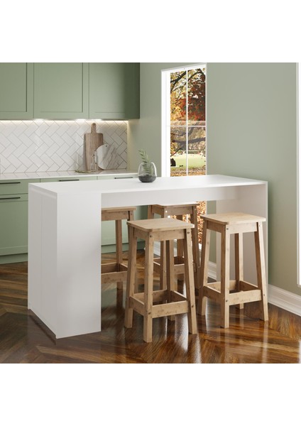 Edgar G4832 4 Adet Sepet Tabureli Mutfak Adası Beyaz Karşılıklı Oturmalı Depolamalı Çok Amaçlı Masa