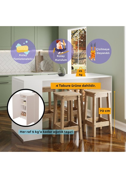 Edgar G4832 4 Adet Sepet Tabureli Mutfak Adası Beyaz Karşılıklı Oturmalı Depolamalı Çok Amaçlı Masa fiyatları